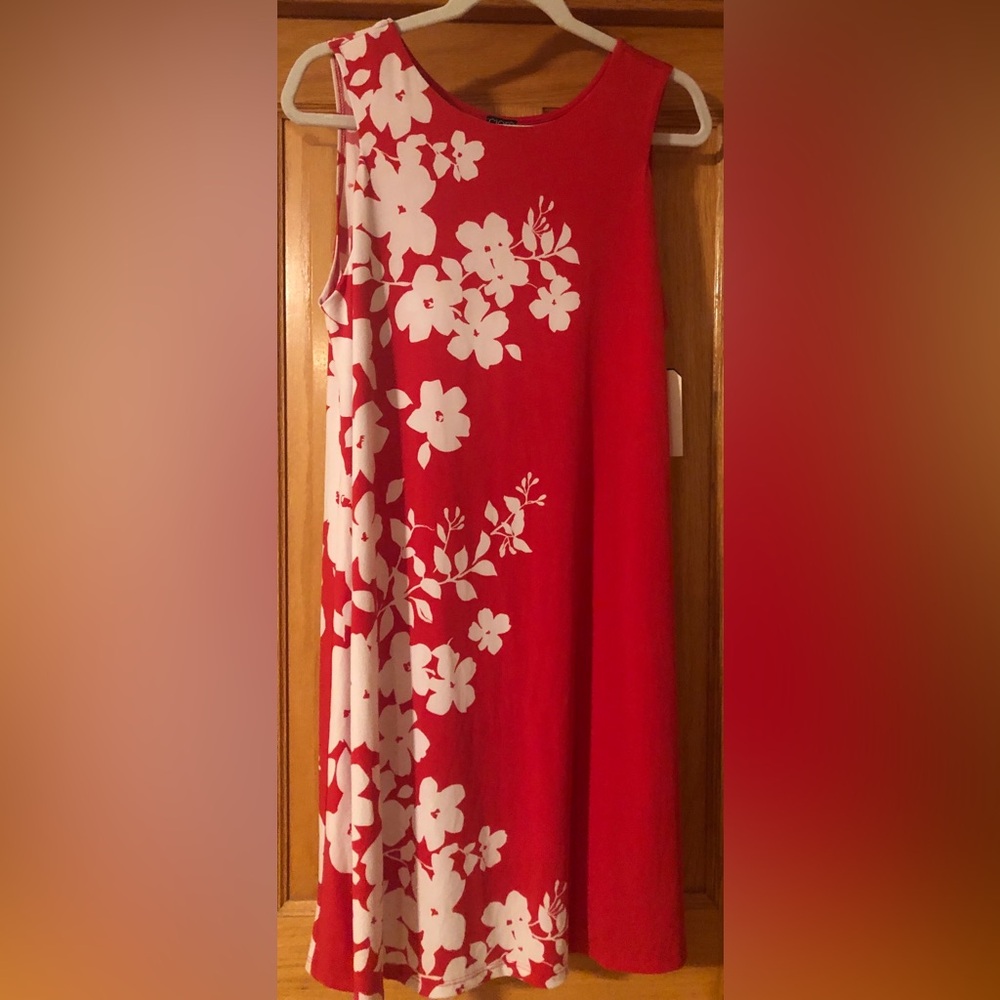 Clara Sun Woo NWT Floral Print Jewel Neck Swing Dress - Coral/White, Large (14)